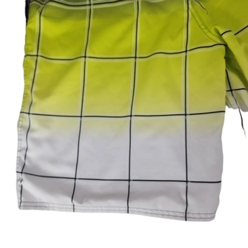 OP Ocean Pacific Board Short L 36-38 Men‎ Windowpane Plaid White Yellow Ombre